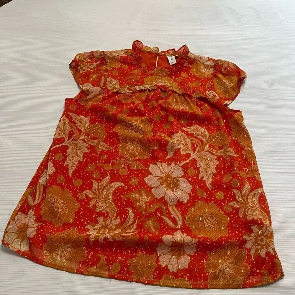 Joie Women’s Orange Yellow Floral Ruffle Short Sleeve Blouse Top Size Medium